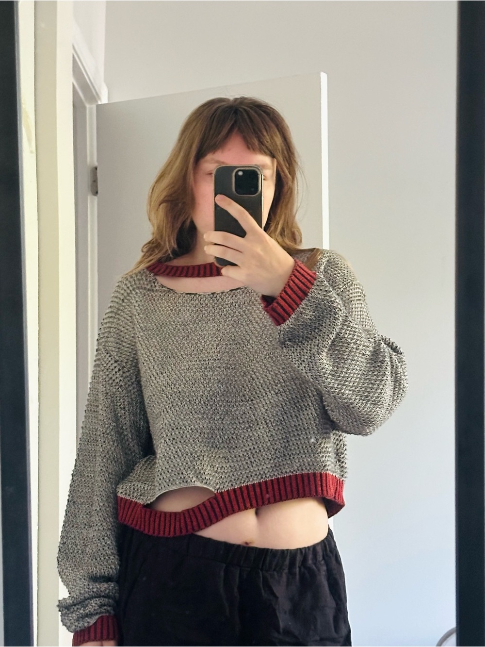 Eckhaus Latta Gray Cropped Knit Sweater with Red Trim